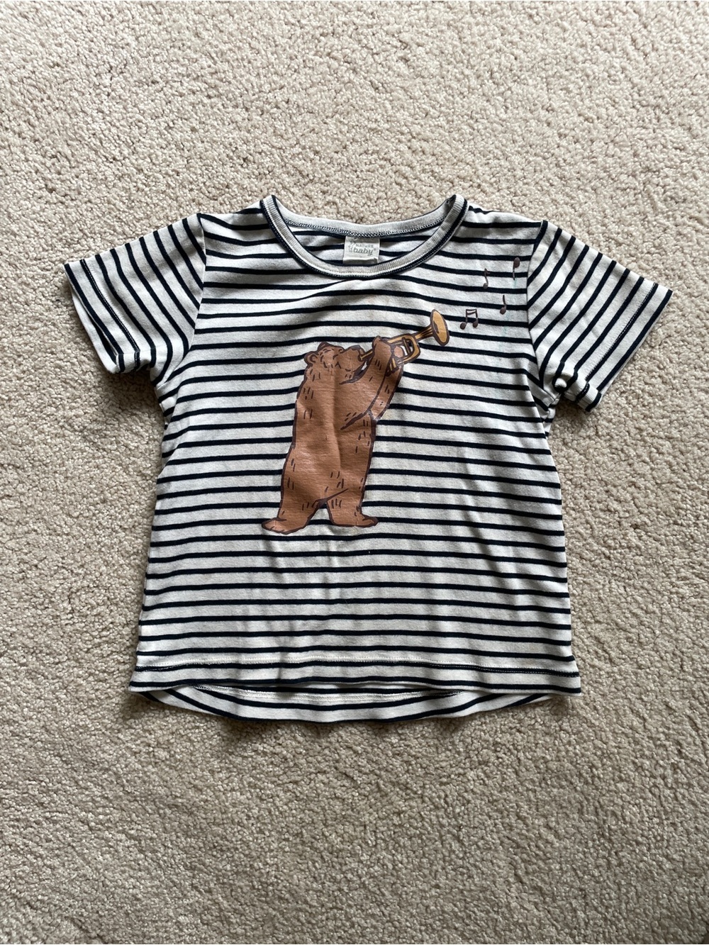 Striped Navy & White Kids Tee with Brown Bear Trumpet Graphic